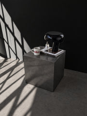 Blok Steel Side Table — brushed steel cube side table