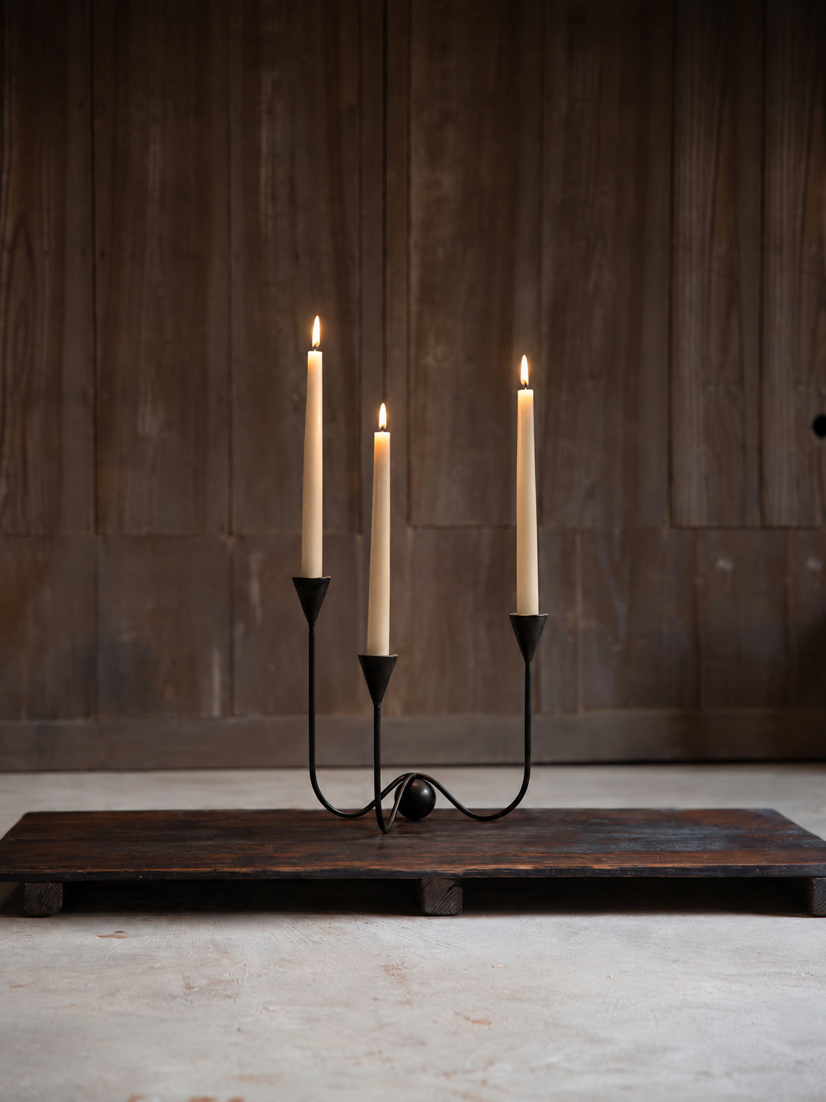 Stelo Iron Candelabra — three-arm black iron candelabra