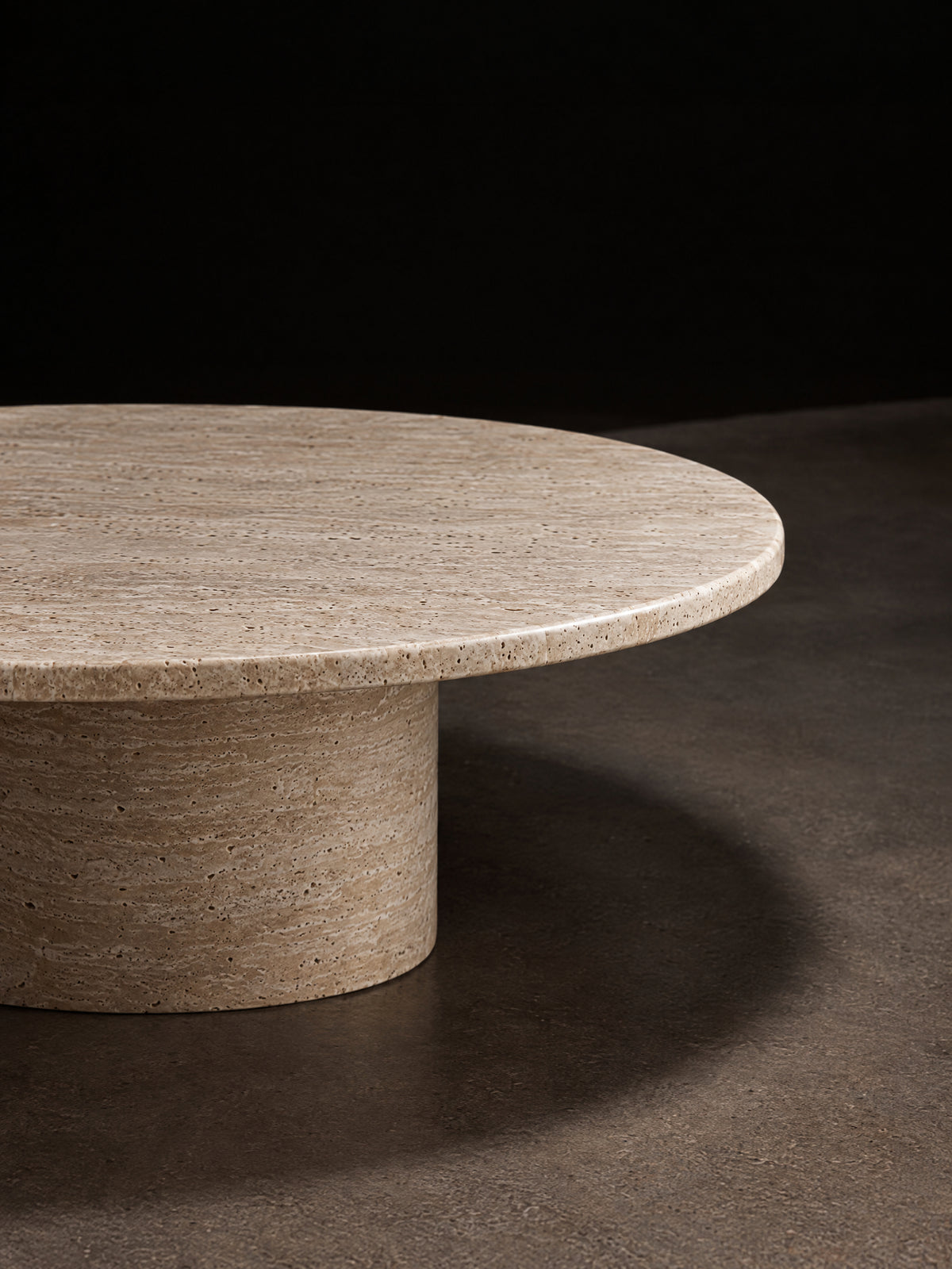 Luna Travertine Coffee Table — round natural travertine coffee table, alternate view