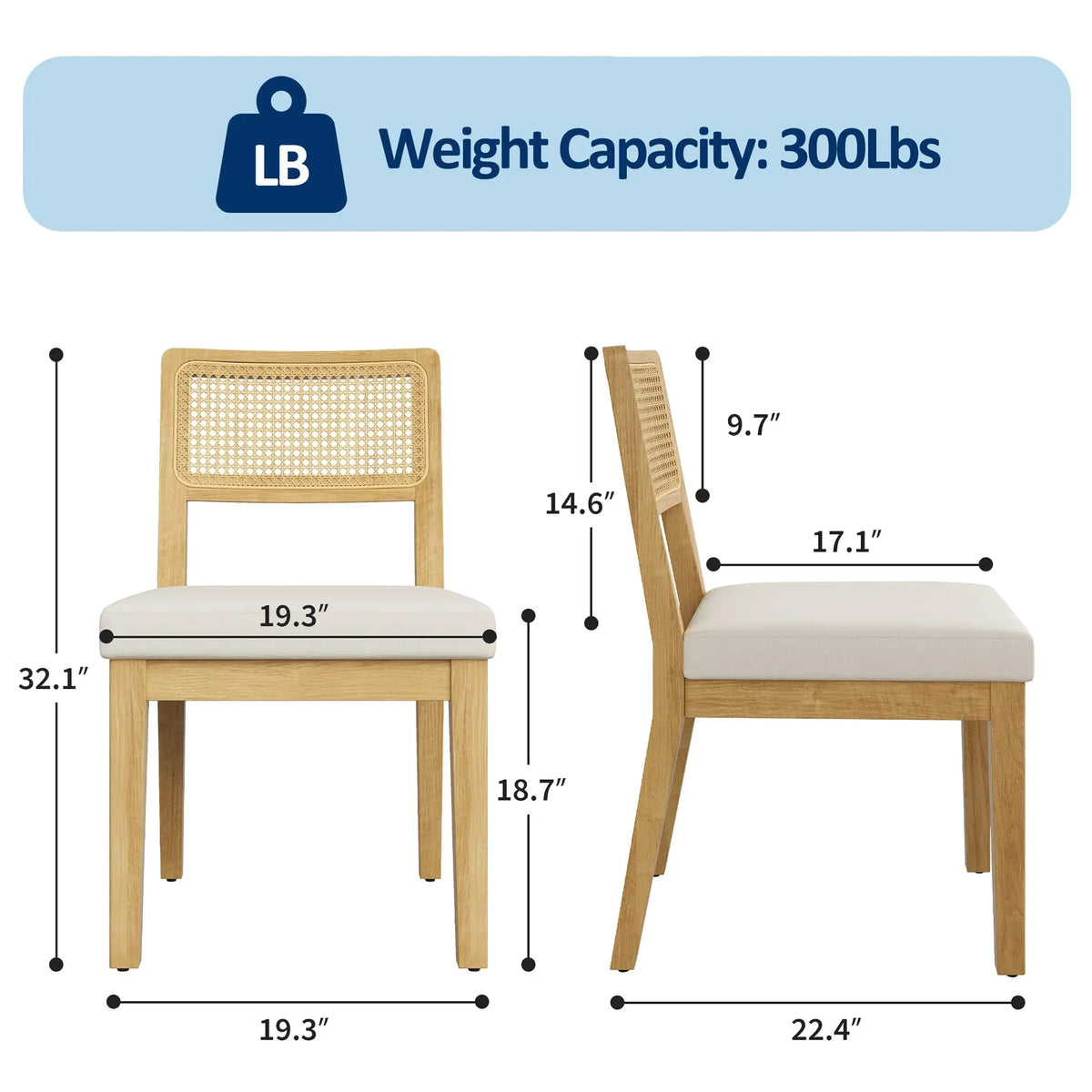 Set Of 2 French Country Rattan Dining Chairs, Upholstered Armless Wood Kitchen Chairs With Curved Back For Dining Room Bedroom