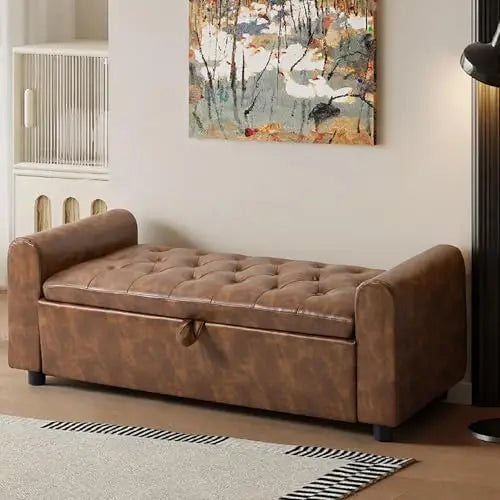 （Local US Inventory）48 Inch Tufted Storage Ottoman Bench with Arms Upholstered Fabric Window Seat Entryway Shoe Bench