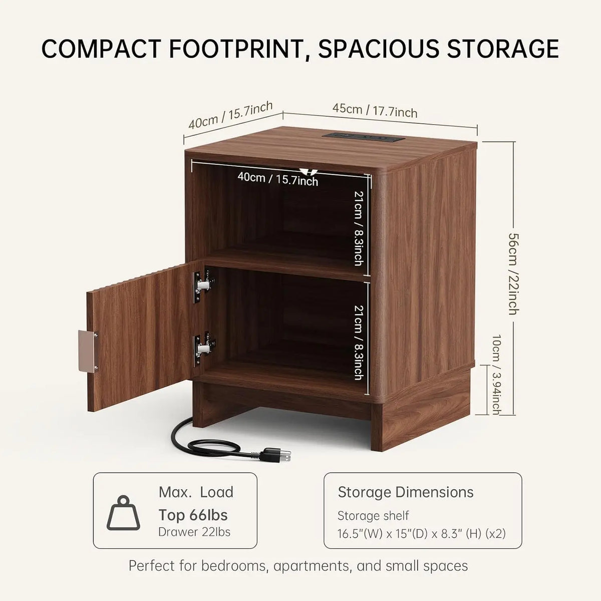 TinyNest Nightstand with Charging Station, Fluted Wood Side Table with Storage Drawers & Open Shelf, Night Stand Bedside Table with 2 AC Outlets, 1 USB A Port, 1 USB C Fast Charging Port, Small End Table Storage Cabinet For Bedroom, Living Room