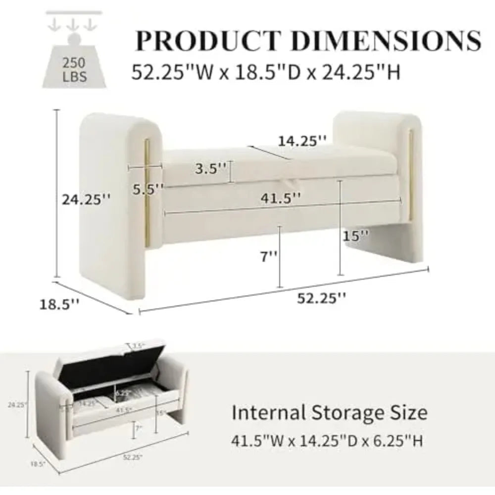 52" Storage Ottoman Bench, Teddy Upholstered Storage Bench with Armrest, Entryway Bench with Pull-Ring, End of Bed