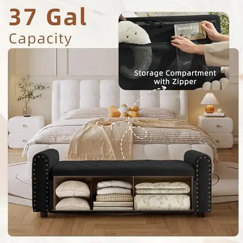 （Local US Inventory）48 Inch Tufted Storage Ottoman Bench with Arms Upholstered Fabric Window Seat Entryway Shoe Bench