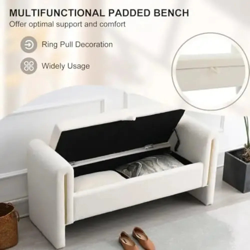 52" Storage Ottoman Bench, Teddy Upholstered Storage Bench with Armrest, Entryway Bench with Pull-Ring, End of Bed