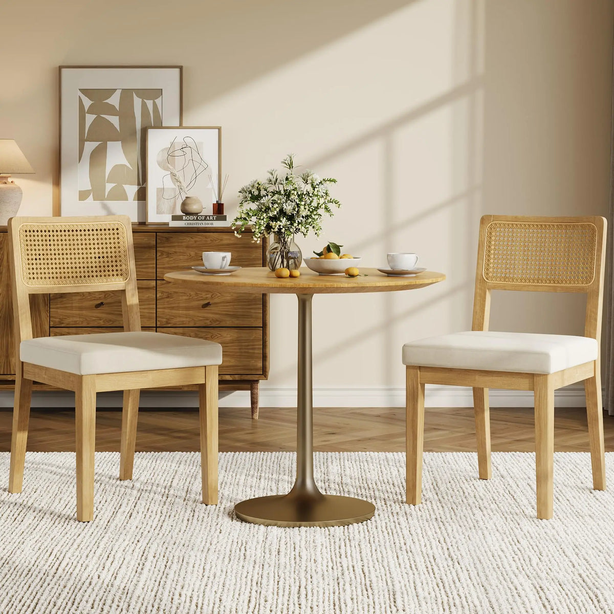 Set Of 2 French Country Rattan Dining Chairs, Upholstered Armless Wood Kitchen Chairs With Curved Back For Dining Room Bedroom
