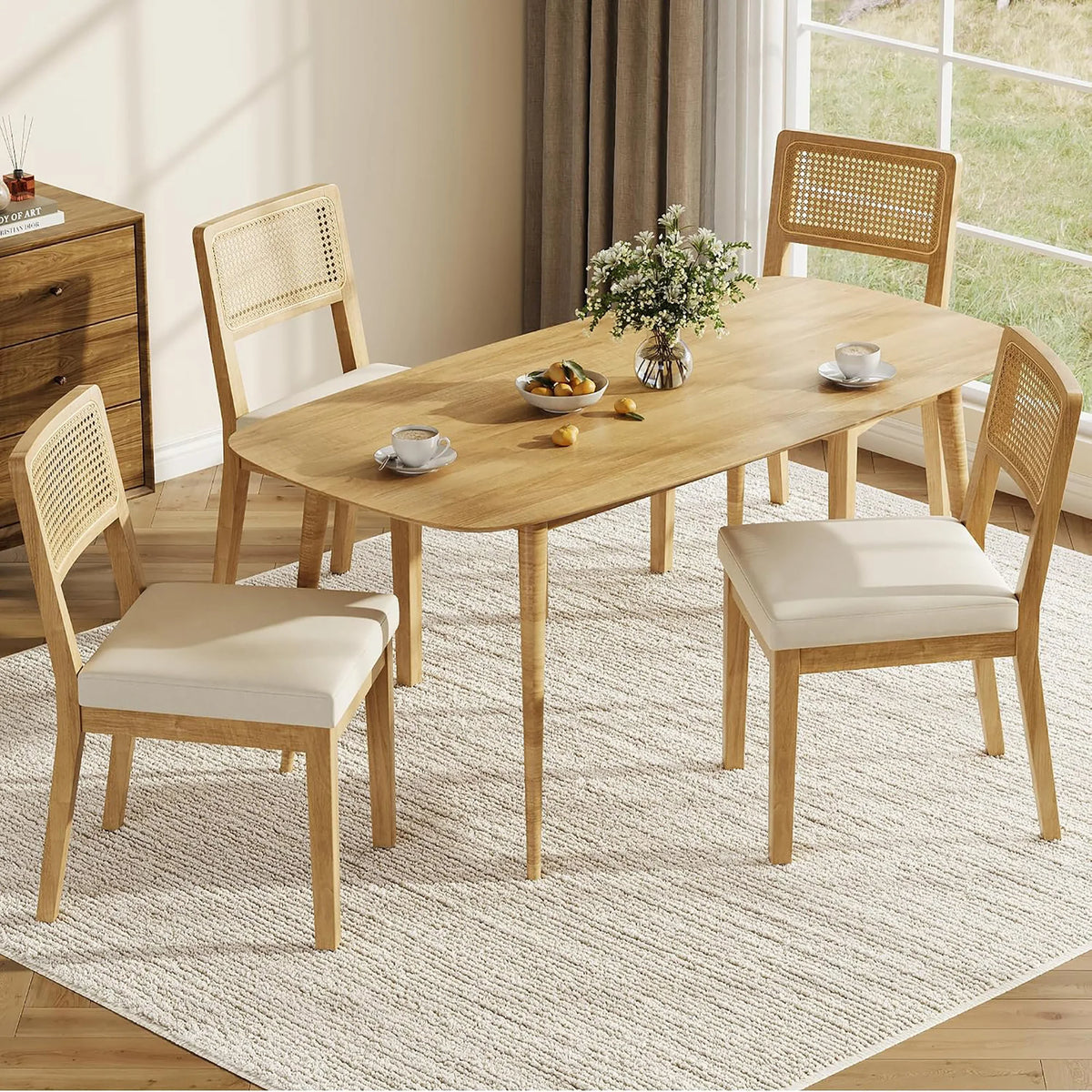 Set Of 2 French Country Rattan Dining Chairs, Upholstered Armless Wood Kitchen Chairs With Curved Back For Dining Room Bedroom