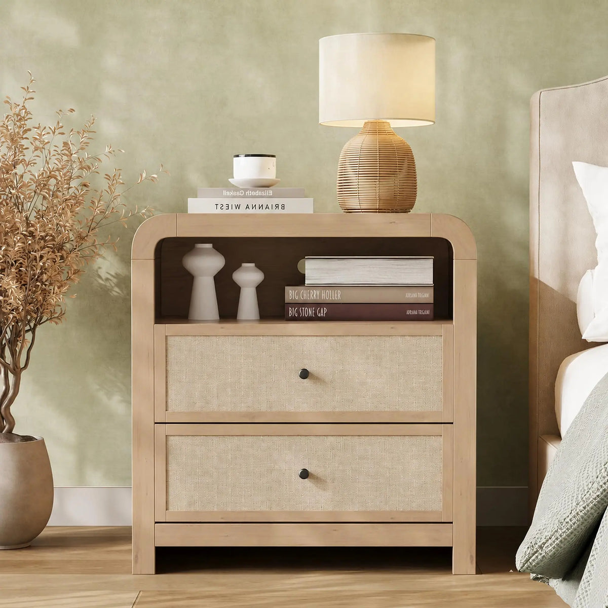 23" Wide Nightstand With Charging Station, 2 AC Outlets 2 USB Ports, 2 Drawer Narrow Bedside Table For Bedroom Living Room Entryway