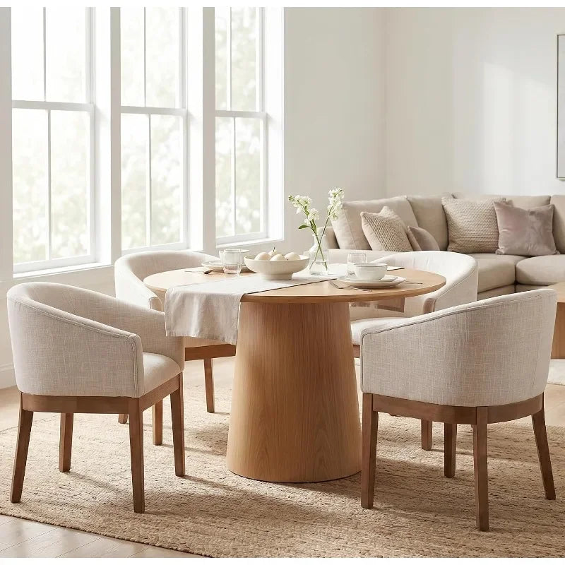 RIVOVA Upholstered Dining Chairs Set of Modern Linen Dining Room Chairs Curved Back Kitchen Chairs with Black Wood Legs Barrel