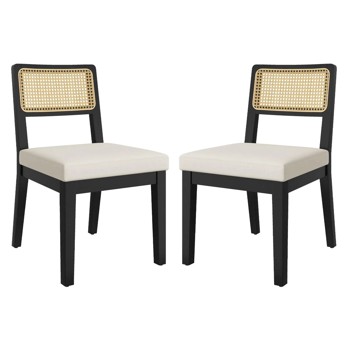 Set Of 2 French Country Rattan Dining Chairs, Upholstered Armless Wood Kitchen Chairs With Curved Back For Dining Room Bedroom