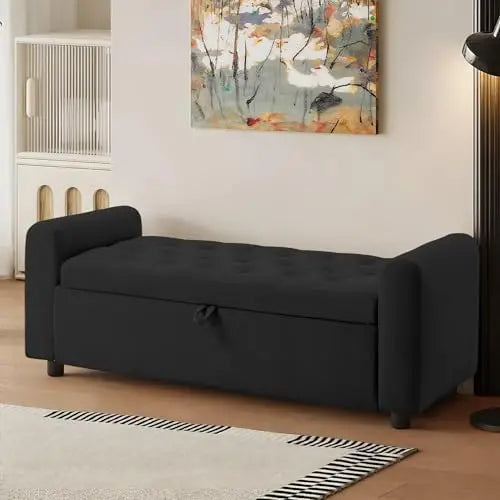 （Local US Inventory）48 Inch Tufted Storage Ottoman Bench with Arms Upholstered Fabric Window Seat Entryway Shoe Bench