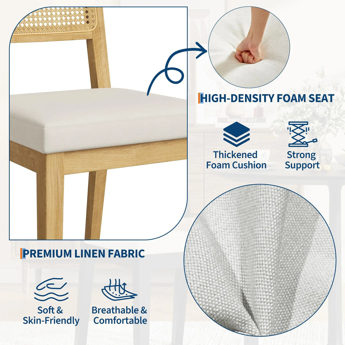 Set Of 2 French Country Rattan Dining Chairs, Upholstered Armless Wood Kitchen Chairs With Curved Back For Dining Room Bedroom