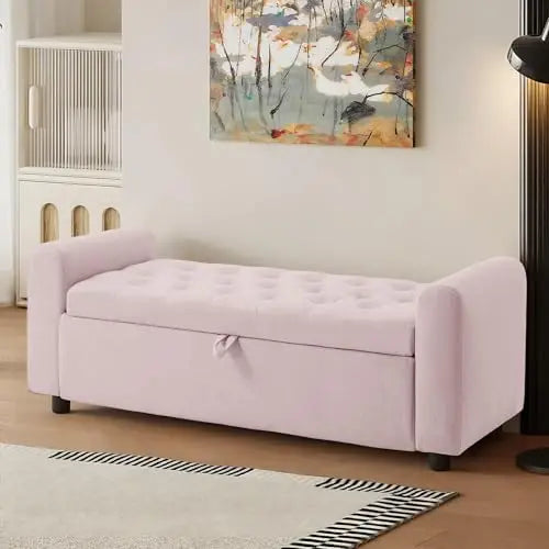 （Local US Inventory）48 Inch Tufted Storage Ottoman Bench with Arms Upholstered Fabric Window Seat Entryway Shoe Bench
