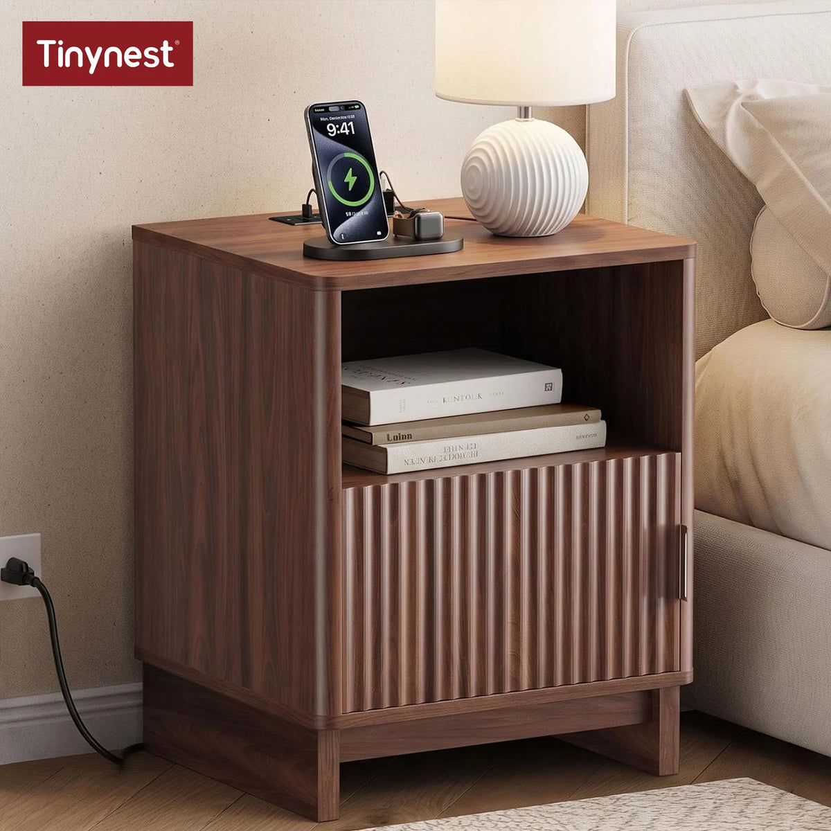 TinyNest Nightstand with Charging Station, Fluted Wood Side Table with Storage Drawers & Open Shelf, Night Stand Bedside Table with 2 AC Outlets, 1 USB A Port, 1 USB C Fast Charging Port, Small End Table Storage Cabinet For Bedroom, Living Room