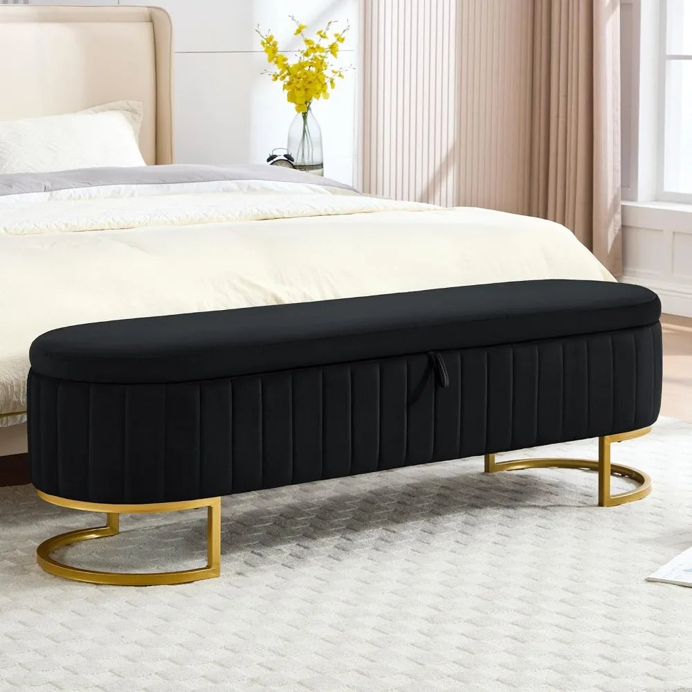 63" Velvet Storage Ottoman Bench with Golden Metal Legs for Bedroom, Living Room, Entryway, Black