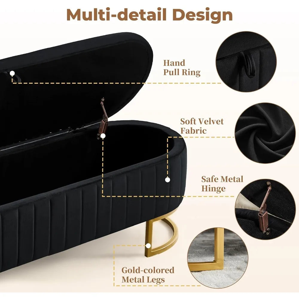 63" Velvet Storage Ottoman Bench with Golden Metal Legs for Bedroom, Living Room, Entryway, Black