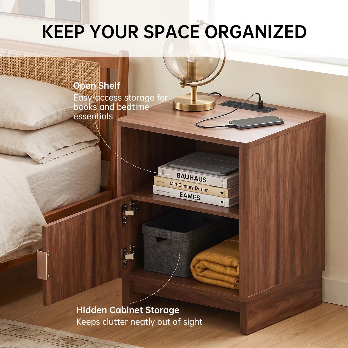 TinyNest Nightstand with Charging Station, Fluted Wood Side Table with Storage Drawers & Open Shelf, Night Stand Bedside Table with 2 AC Outlets, 1 USB A Port, 1 USB C Fast Charging Port, Small End Table Storage Cabinet For Bedroom, Living Room