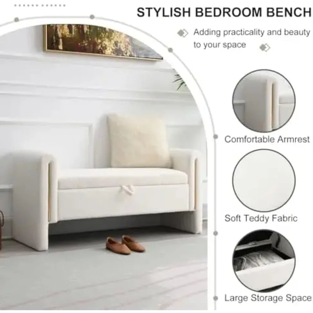 52" Storage Ottoman Bench, Teddy Upholstered Storage Bench with Armrest, Entryway Bench with Pull-Ring, End of Bed