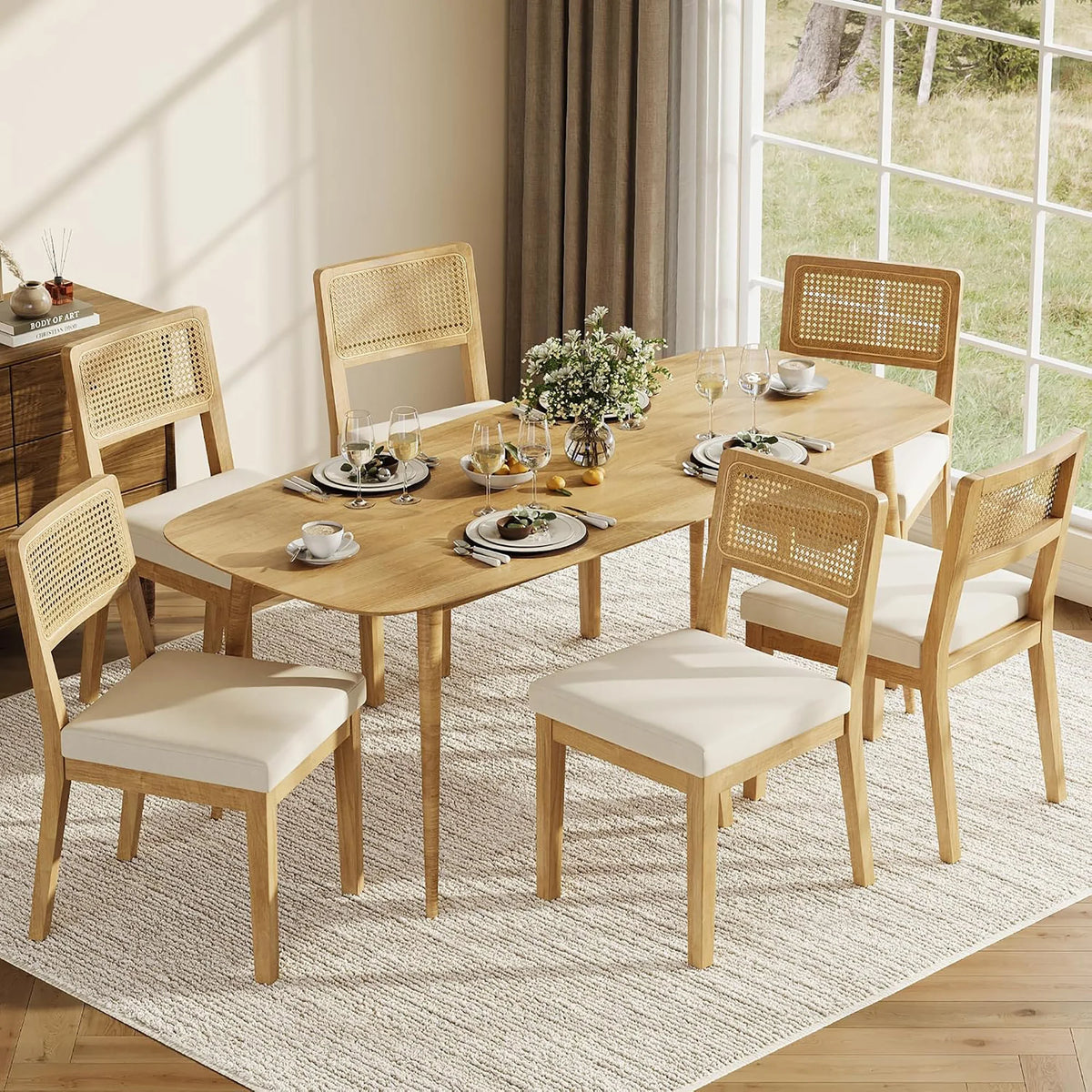 Set Of 2 French Country Rattan Dining Chairs, Upholstered Armless Wood Kitchen Chairs With Curved Back For Dining Room Bedroom