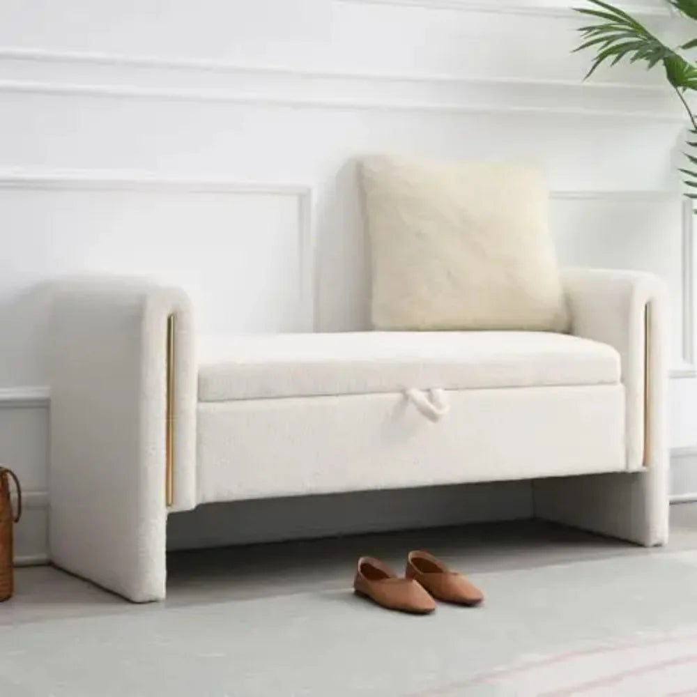 52" Storage Ottoman Bench, Teddy Upholstered Storage Bench with Armrest, Entryway Bench with Pull-Ring, End of Bed