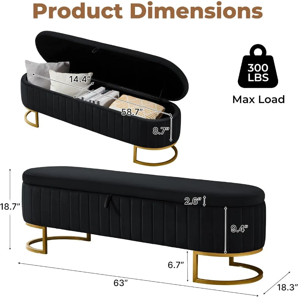63" Velvet Storage Ottoman Bench with Golden Metal Legs for Bedroom, Living Room, Entryway, Black