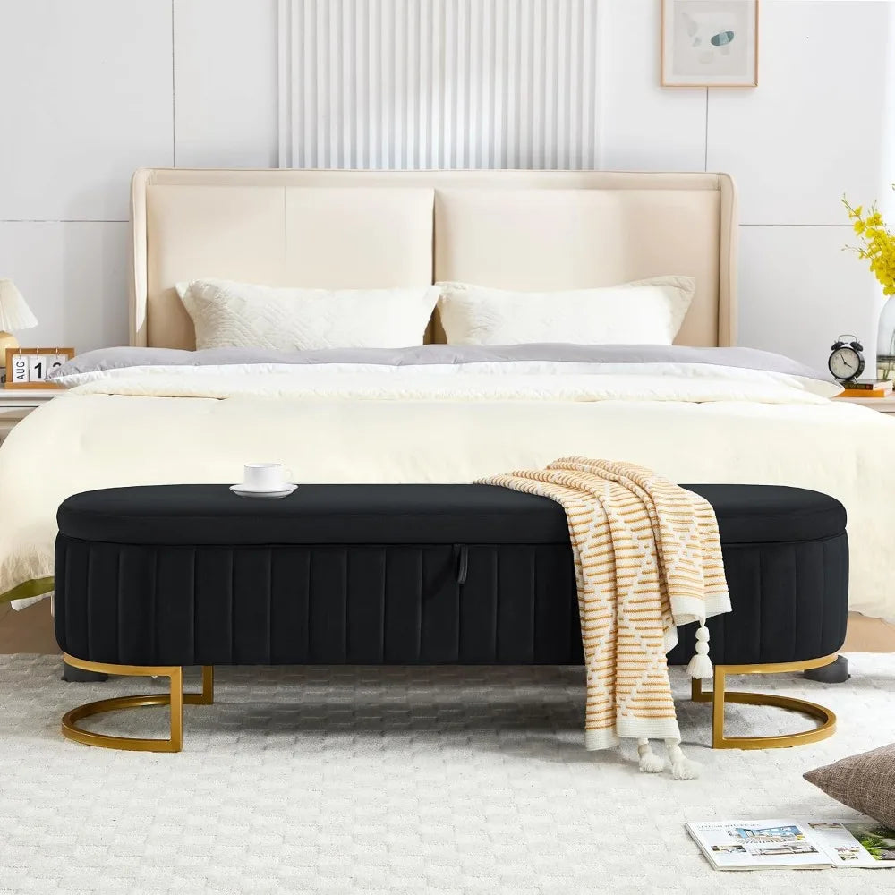 63" Velvet Storage Ottoman Bench with Golden Metal Legs for Bedroom, Living Room, Entryway, Black
