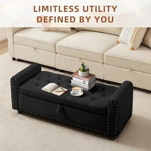 （Local US Inventory）48 Inch Tufted Storage Ottoman Bench with Arms Upholstered Fabric Window Seat Entryway Shoe Bench