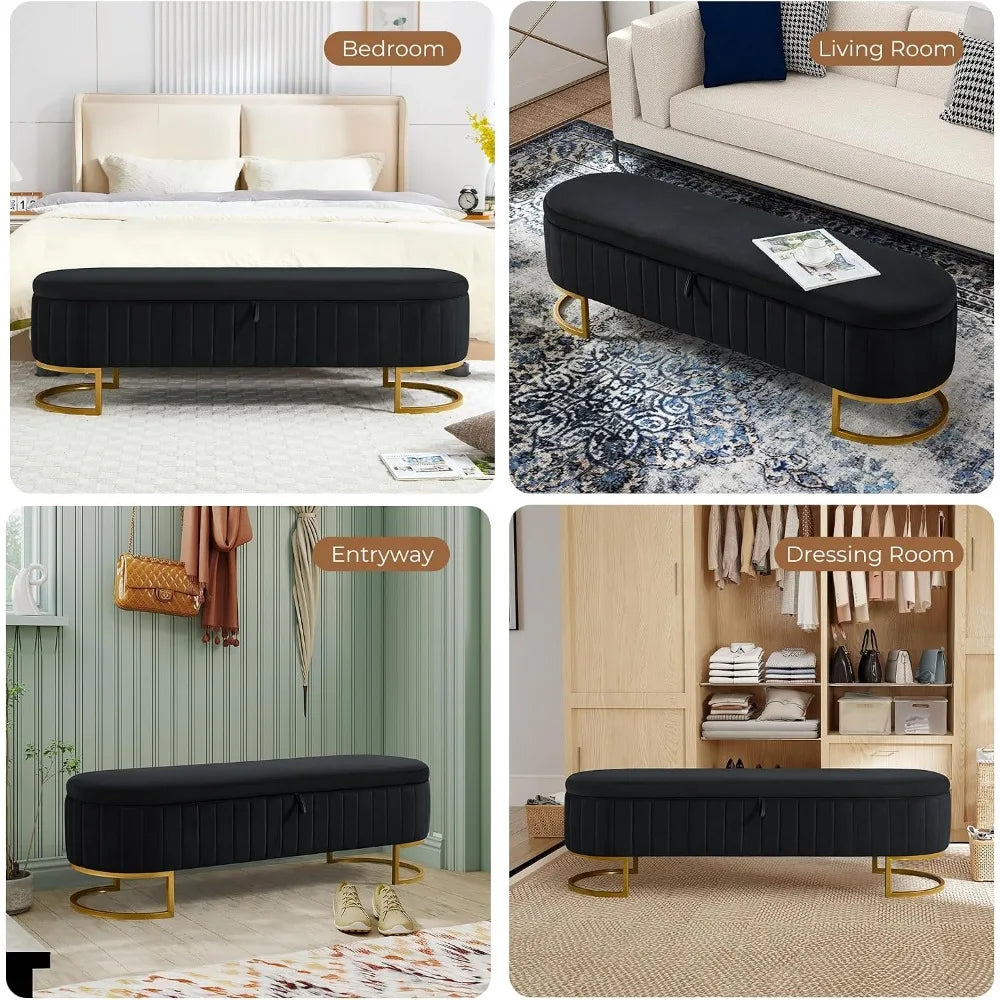 63" Velvet Storage Ottoman Bench with Golden Metal Legs for Bedroom, Living Room, Entryway, Black