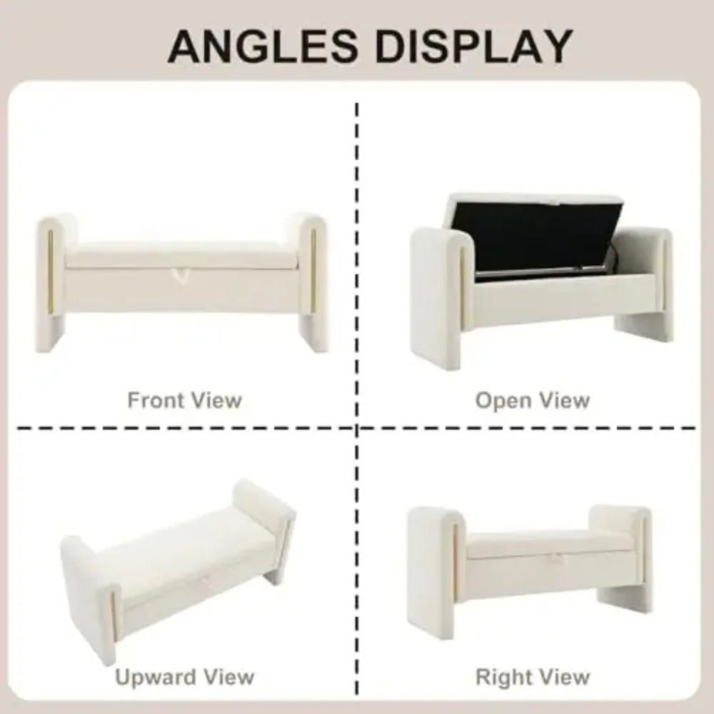 52" Storage Ottoman Bench, Teddy Upholstered Storage Bench with Armrest, Entryway Bench with Pull-Ring, End of Bed