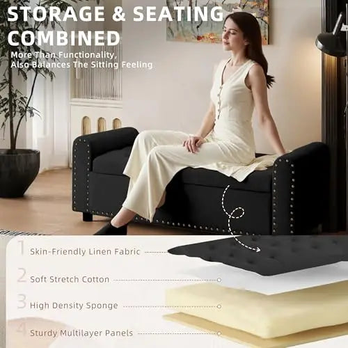 （Local US Inventory）48 Inch Tufted Storage Ottoman Bench with Arms Upholstered Fabric Window Seat Entryway Shoe Bench