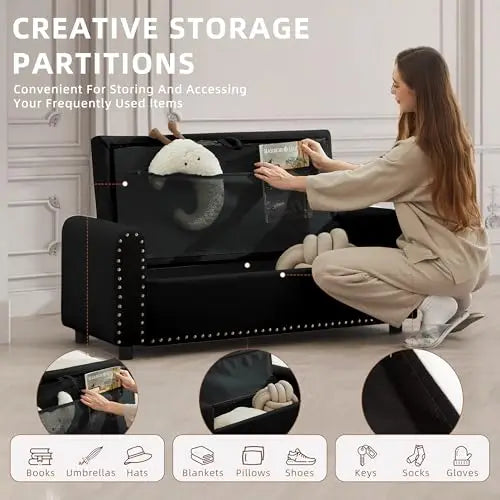 （Local US Inventory）48 Inch Tufted Storage Ottoman Bench with Arms Upholstered Fabric Window Seat Entryway Shoe Bench