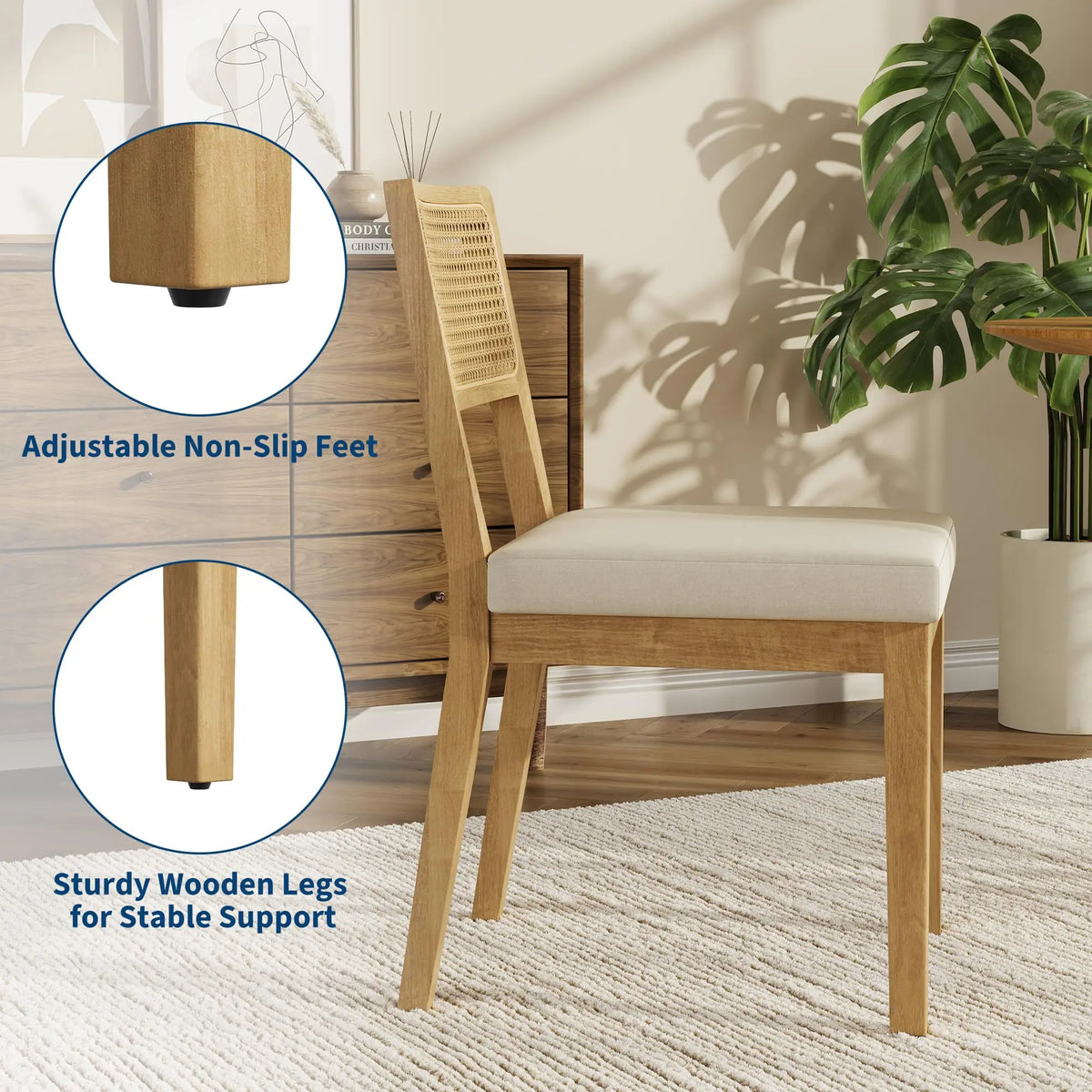 Set Of 2 French Country Rattan Dining Chairs, Upholstered Armless Wood Kitchen Chairs With Curved Back For Dining Room Bedroom