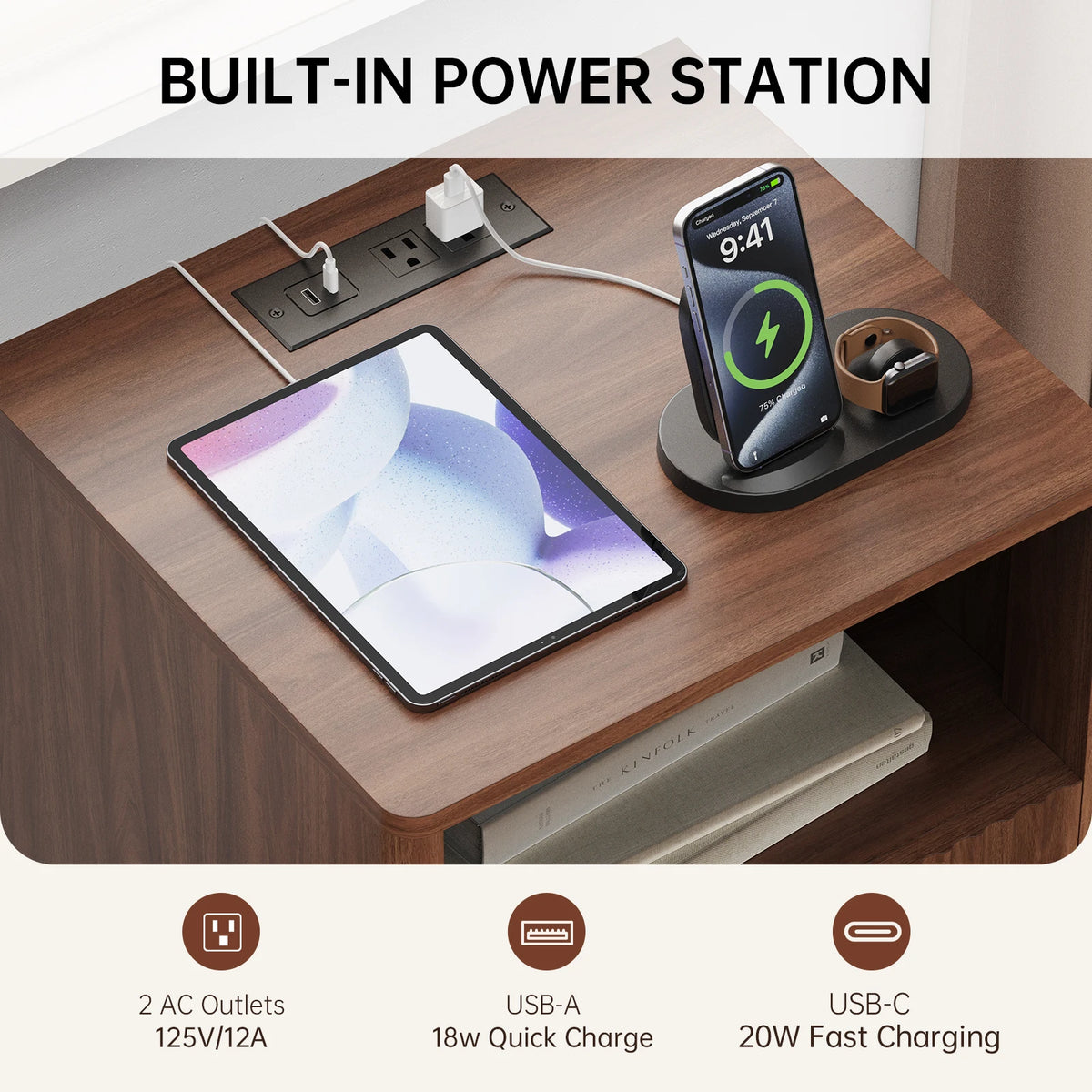 TinyNest Nightstand with Charging Station, Fluted Wood Side Table with Storage Drawers & Open Shelf, Night Stand Bedside Table with 2 AC Outlets, 1 USB A Port, 1 USB C Fast Charging Port, Small End Table Storage Cabinet For Bedroom, Living Room