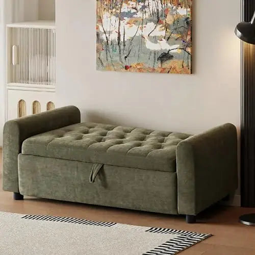 （Local US Inventory）48 Inch Tufted Storage Ottoman Bench with Arms Upholstered Fabric Window Seat Entryway Shoe Bench