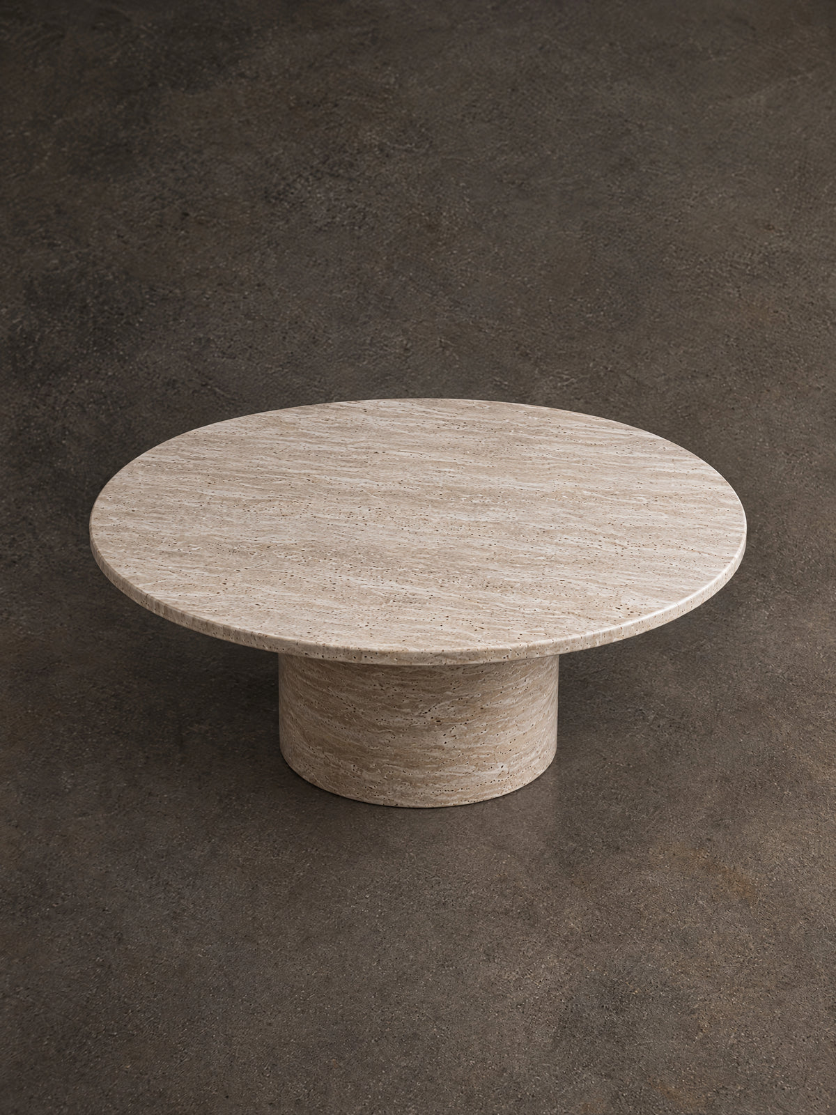 Luna Travertine Coffee Table — round natural travertine coffee table, alternate view