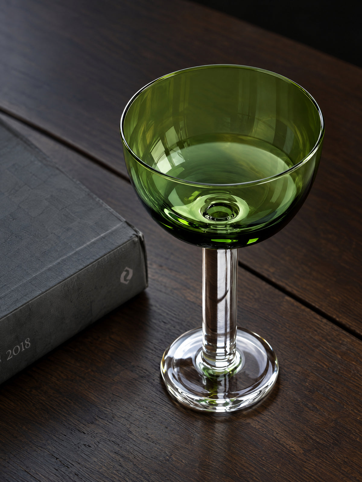 Fira Glass Champagne Coupe — green-tinted glass champagne coupe, alternate view