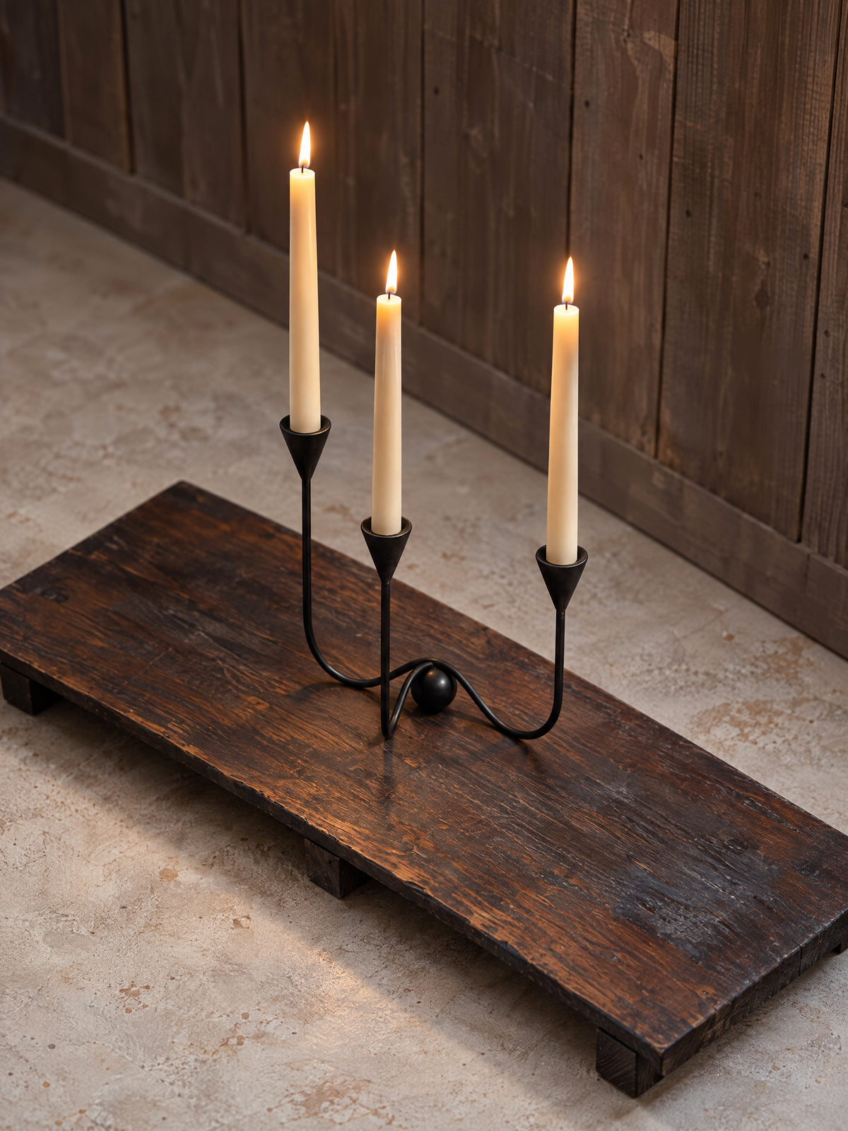 Stelo Iron Candelabra — three-arm black iron candelabra, alternate view