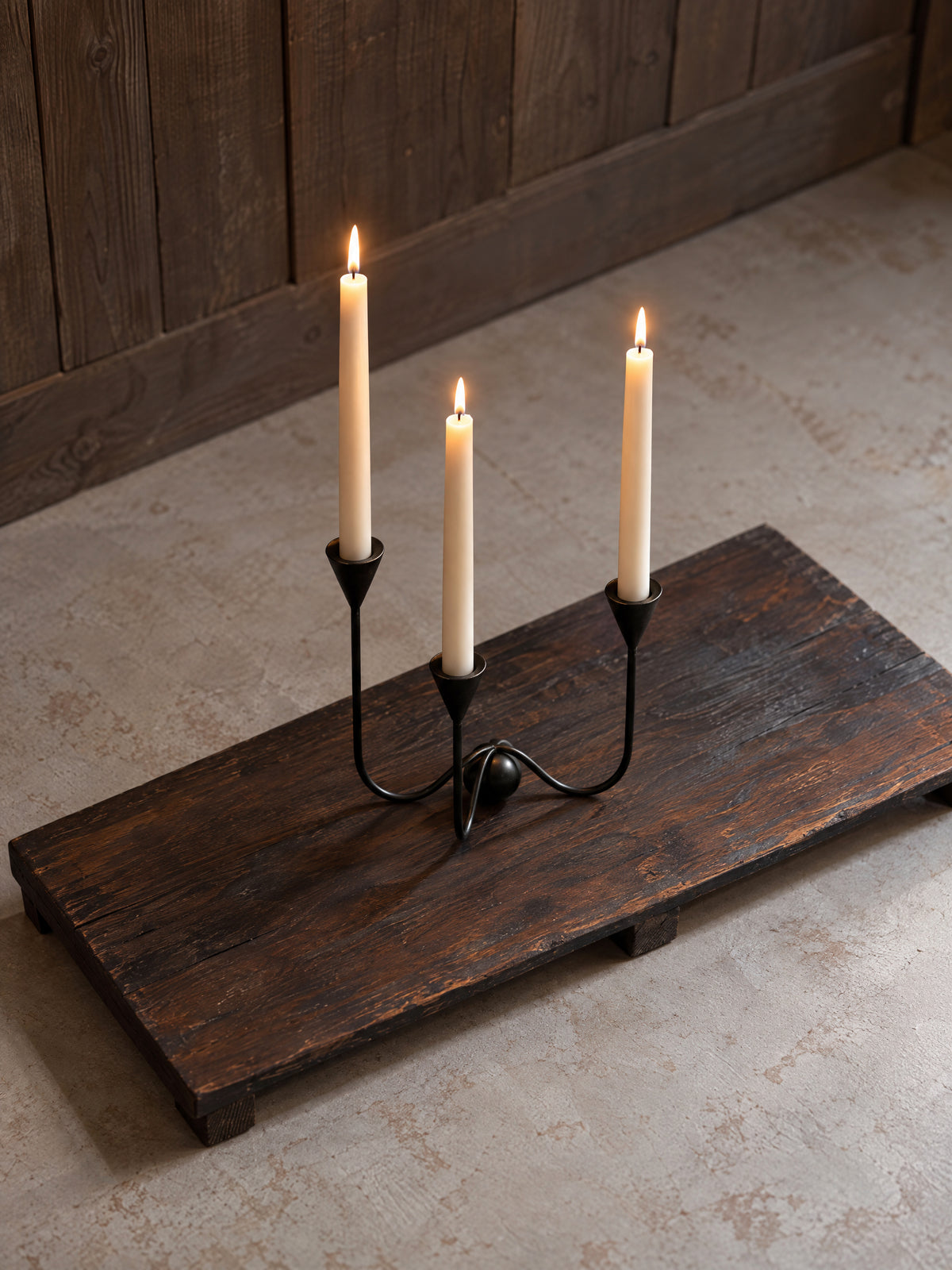Stelo Iron Candelabra — three-arm black iron candelabra, alternate view