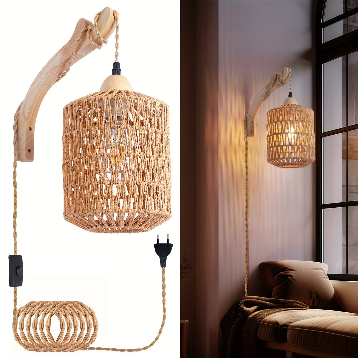 Boho Wood & Rattan Wall Lamp