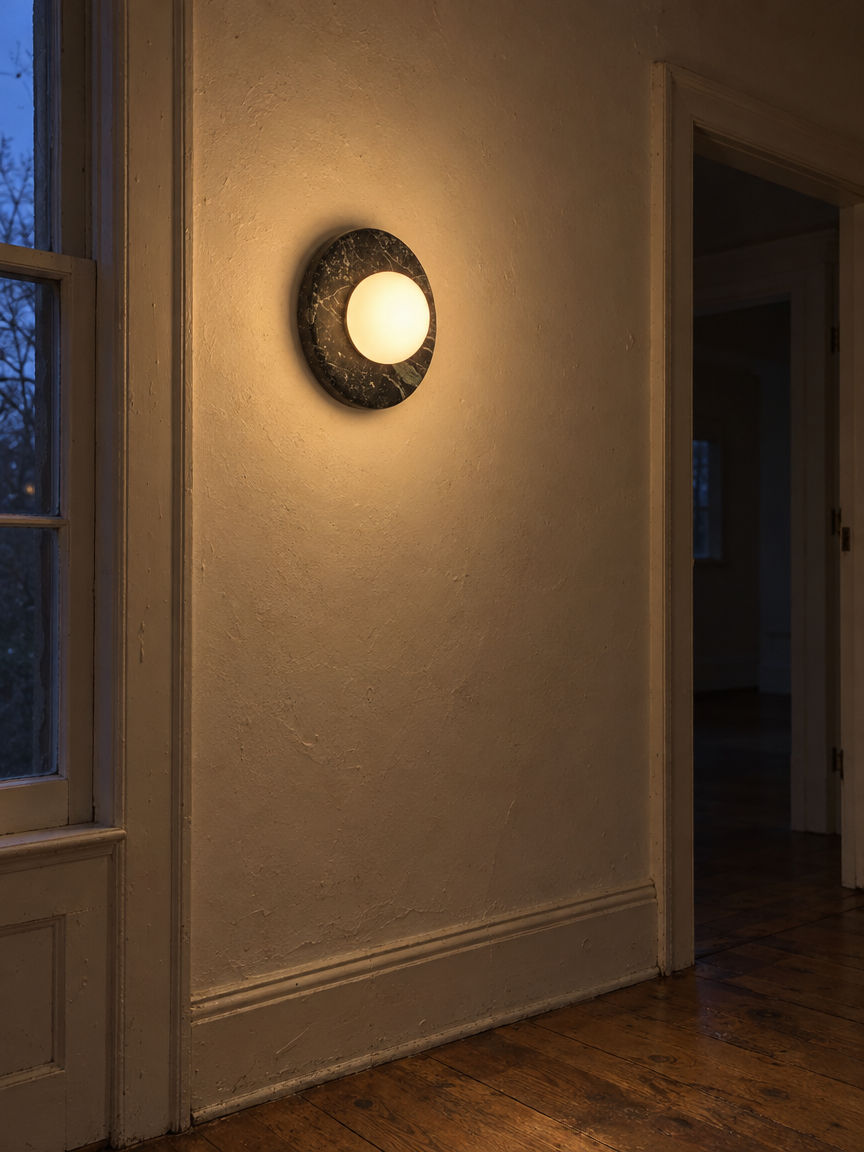 Orba Marble Wall Sconce in Nero, lit with a warm glow on a plaster wall