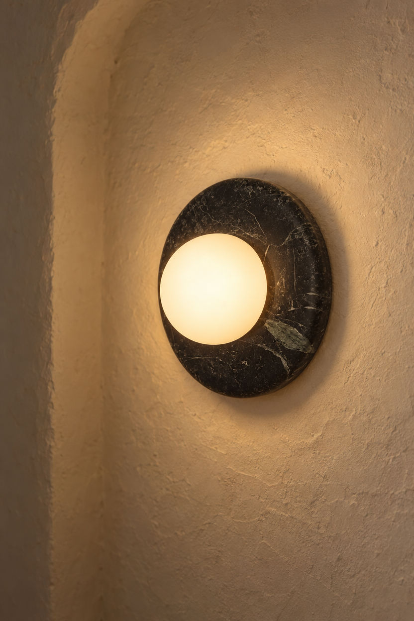 Orba Marble Wall Sconce in Nero mounted and lit with a warm glow
