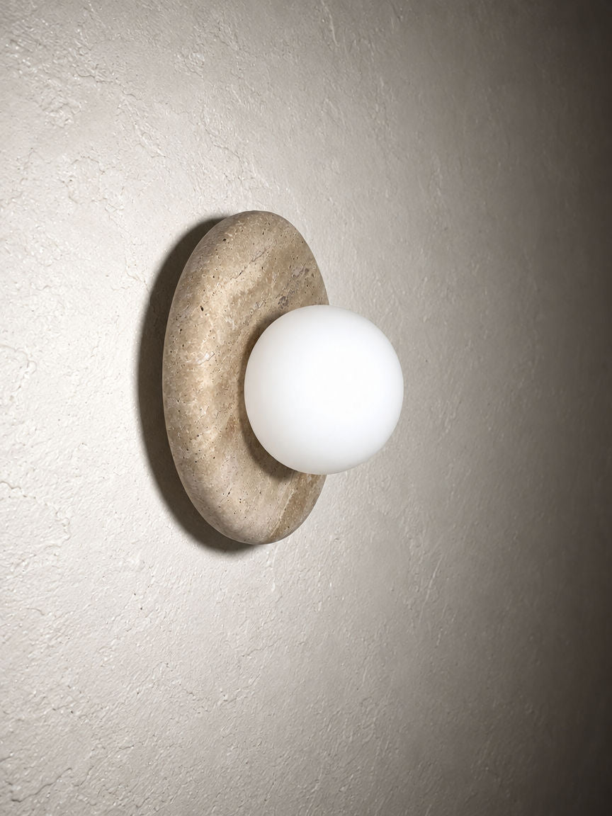 Orba Marble Wall Sconce in Travertine Beige, side profile