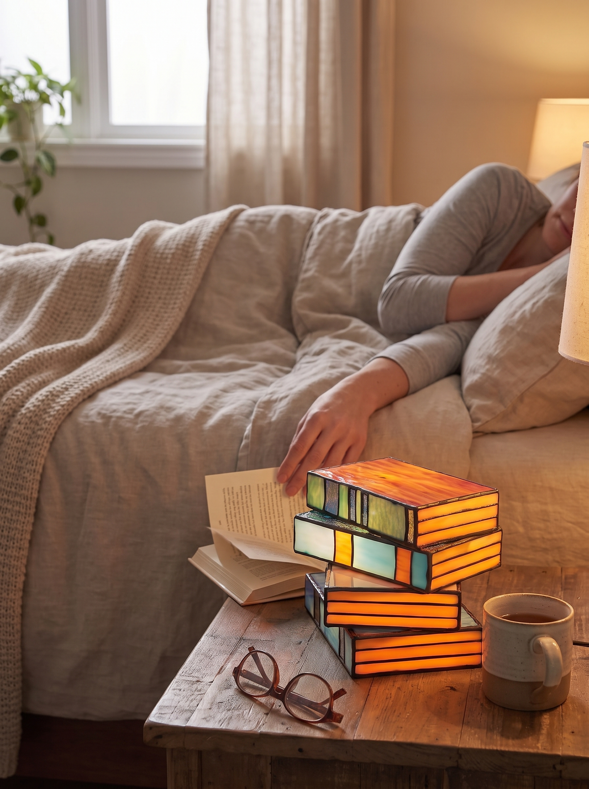 Stained Glass Book Lamp on a shelf