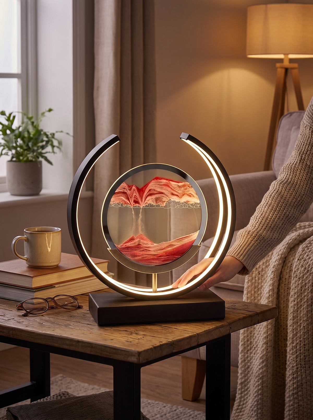Sandlight lamp glowing beside a chair