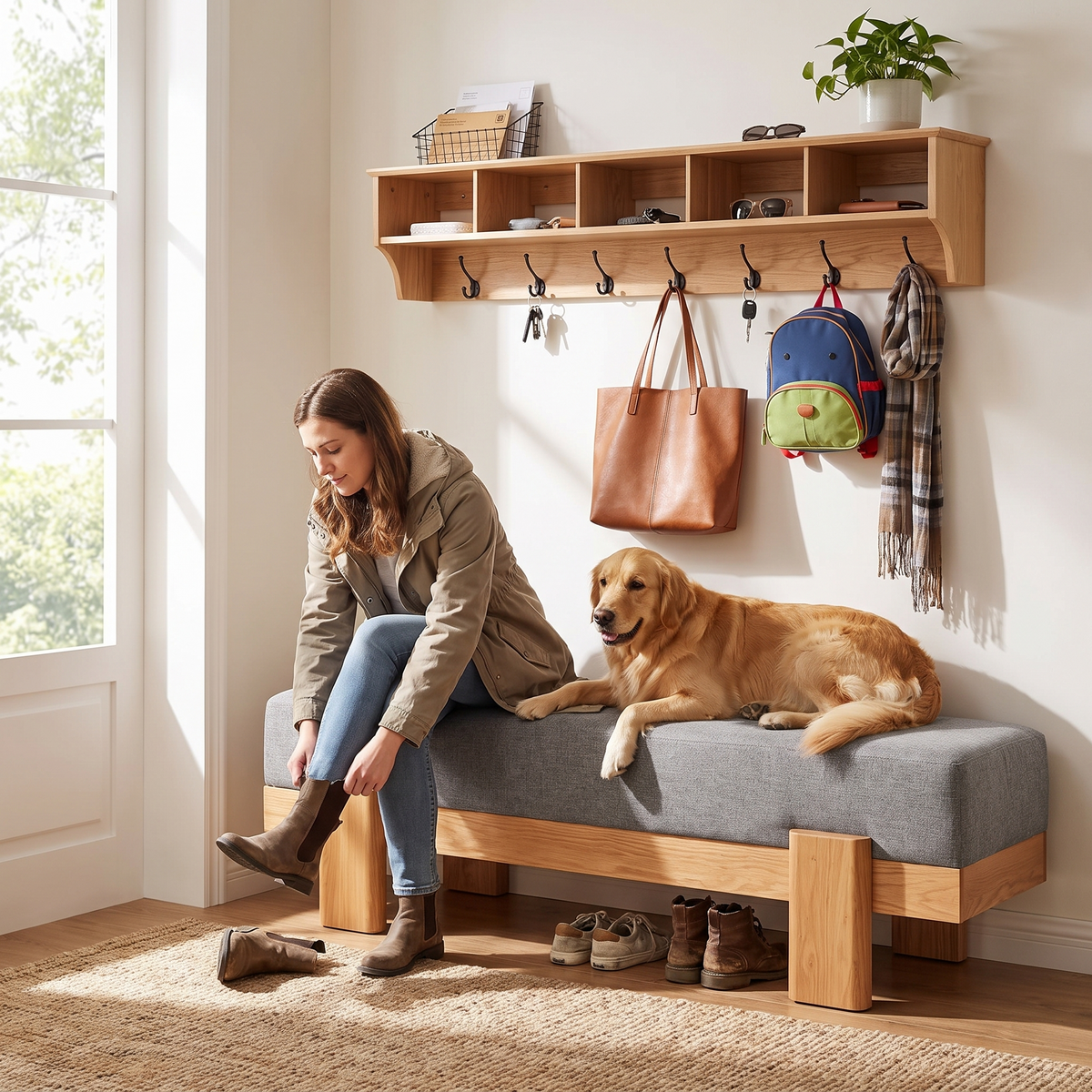Upholstered Entryway Shoe Bench in use