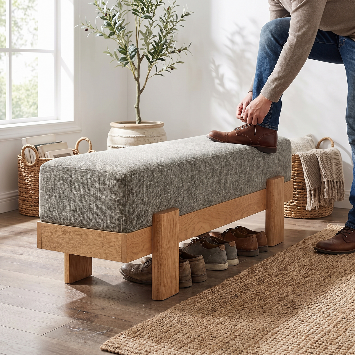 Upholstered Entryway Shoe Bench in use