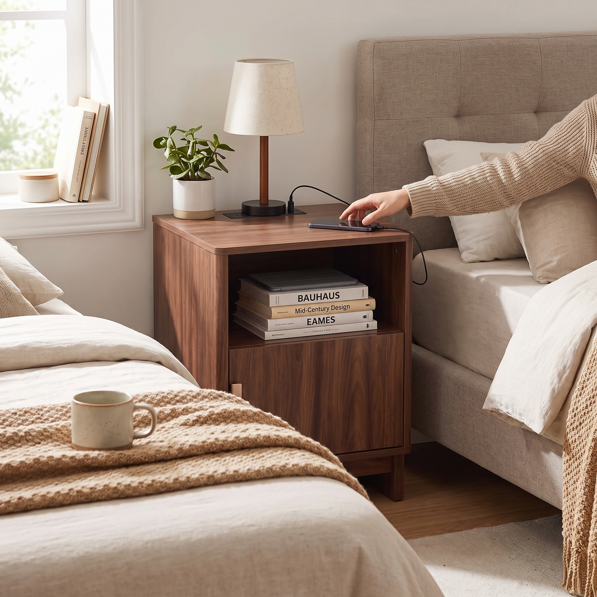 Fluted Wood Nightstand with Charging Station in use