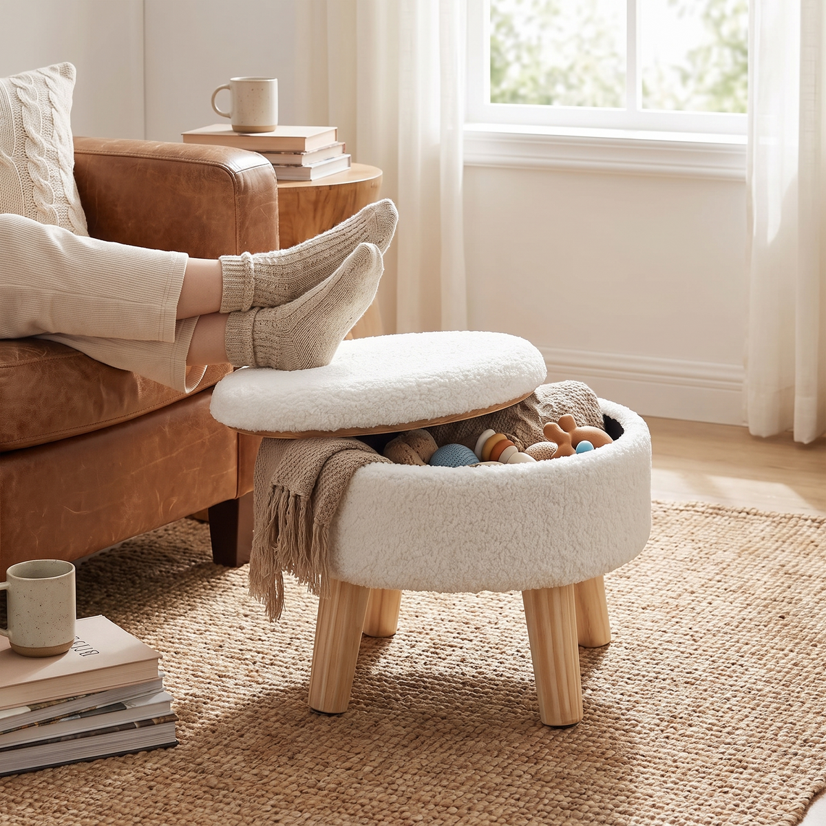 Round Storage Ottoman Stool in use
