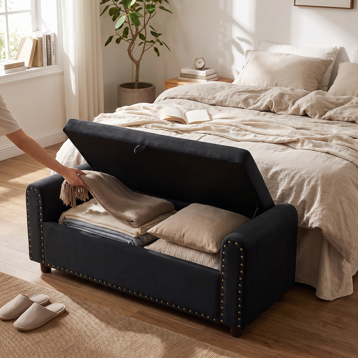 Tufted Storage Ottoman Bench in use