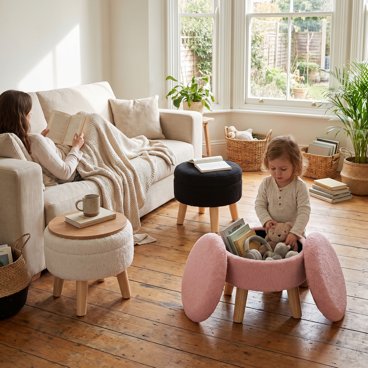 Round Storage Ottoman Stool in use